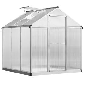 Outsunny 6' L x 6' W Walk-In Polycarbonate Greenhouse with Roof Vent for Ventilation & Rain Gutter, Hobby Greenhouse for Winter, Clear