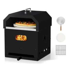 Portable Square Charcoal Pizza Oven 36.4x33.7x45.6cm Black Iron BBQ Grill with Carry Handle Outdoor Barbecue Cooking Stove for Backyard Camping P