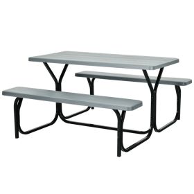 Outdoor Picnic Table Bench Set with Metal Base (Color: gray)